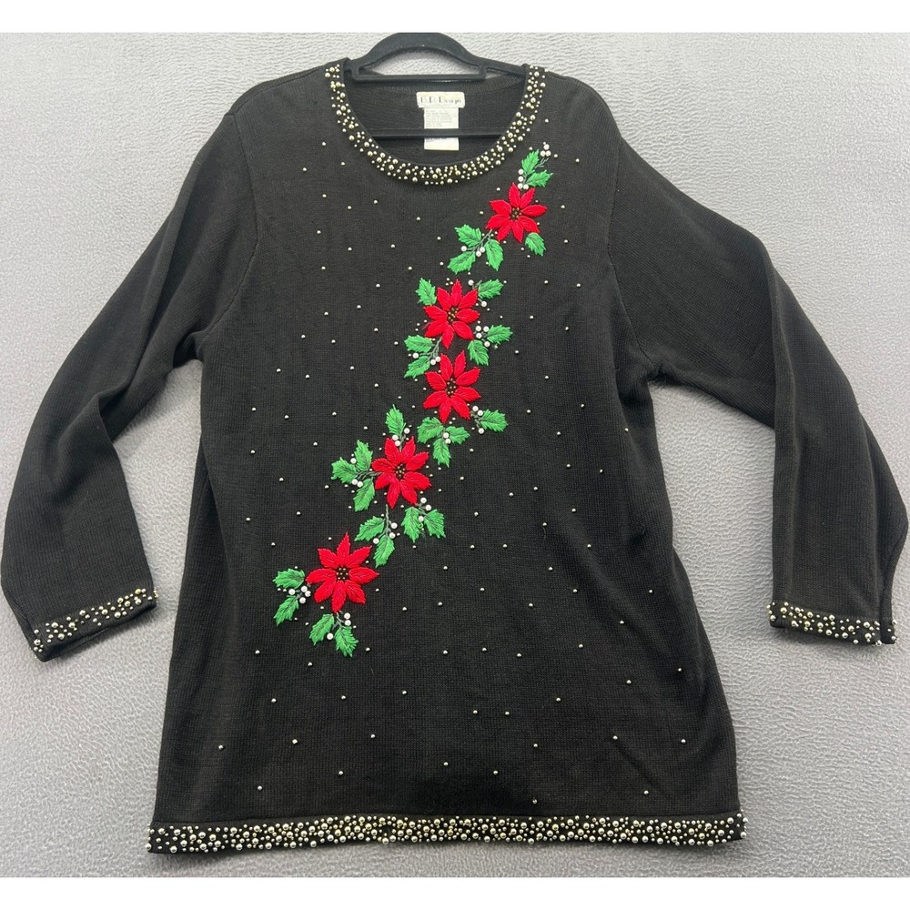 VTG B.P. Design Sweater Women's XL Black Poinsettia Beaded Holiday Christmas